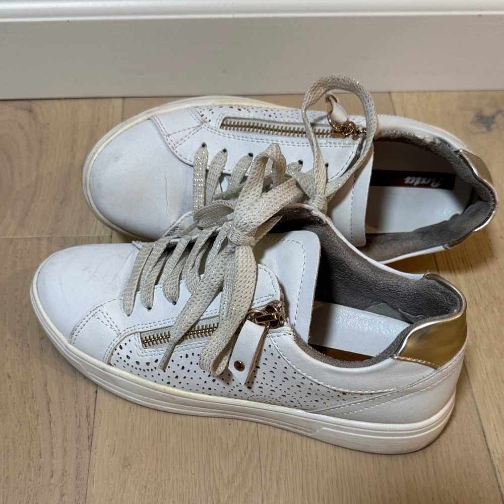 Women's White and Gold Sneakers